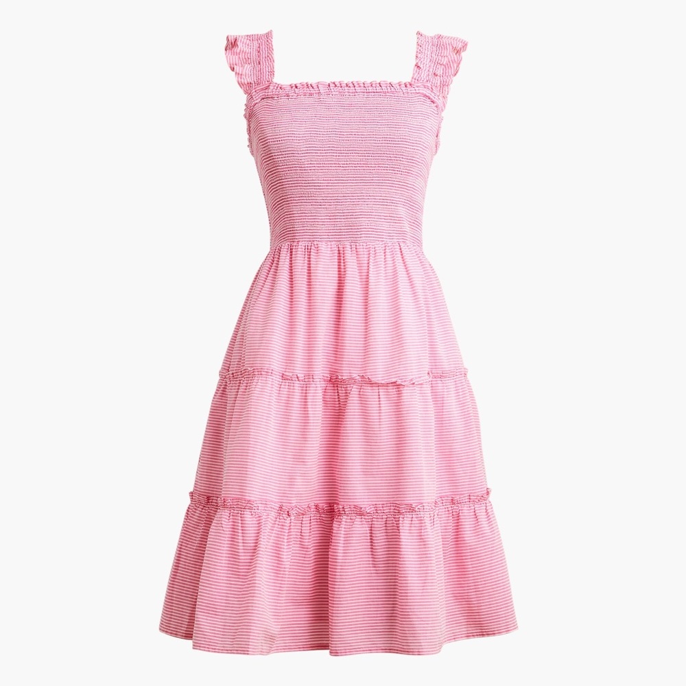 J Crew Striped Smocked Tiered Mini Dress Medium Pink White NWT